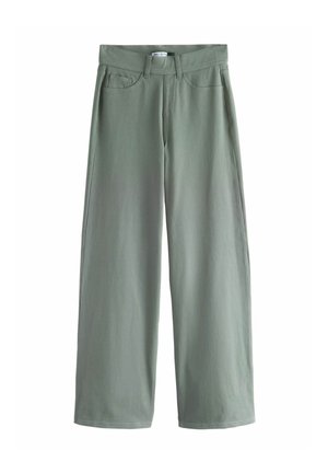 Light green wide-leg trousers made of soft material, featuring a front zipper, belt loops, and two side pockets.