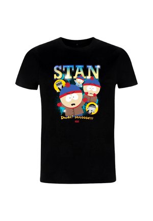 Maglietta nera con scritta colorata "Stan" e più personaggi dei cartoni animati che indossano cappelli blu, muffole rosse e cappotti marroni di South Park.