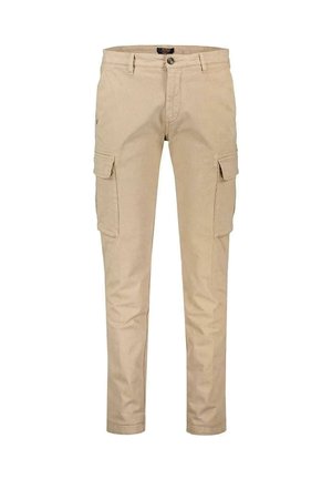 Pantaloni cargo beige con un design aderente, dotati di tasche laterali, chiusura con bottone e una finitura tessile liscia.