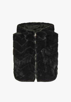 Gilet in pelliccia sintetica nera con cappuccio, presenta una chiusura a zip e un motivo a chevron. Texture morbida, silhouette oversize e senza hardware visibile.