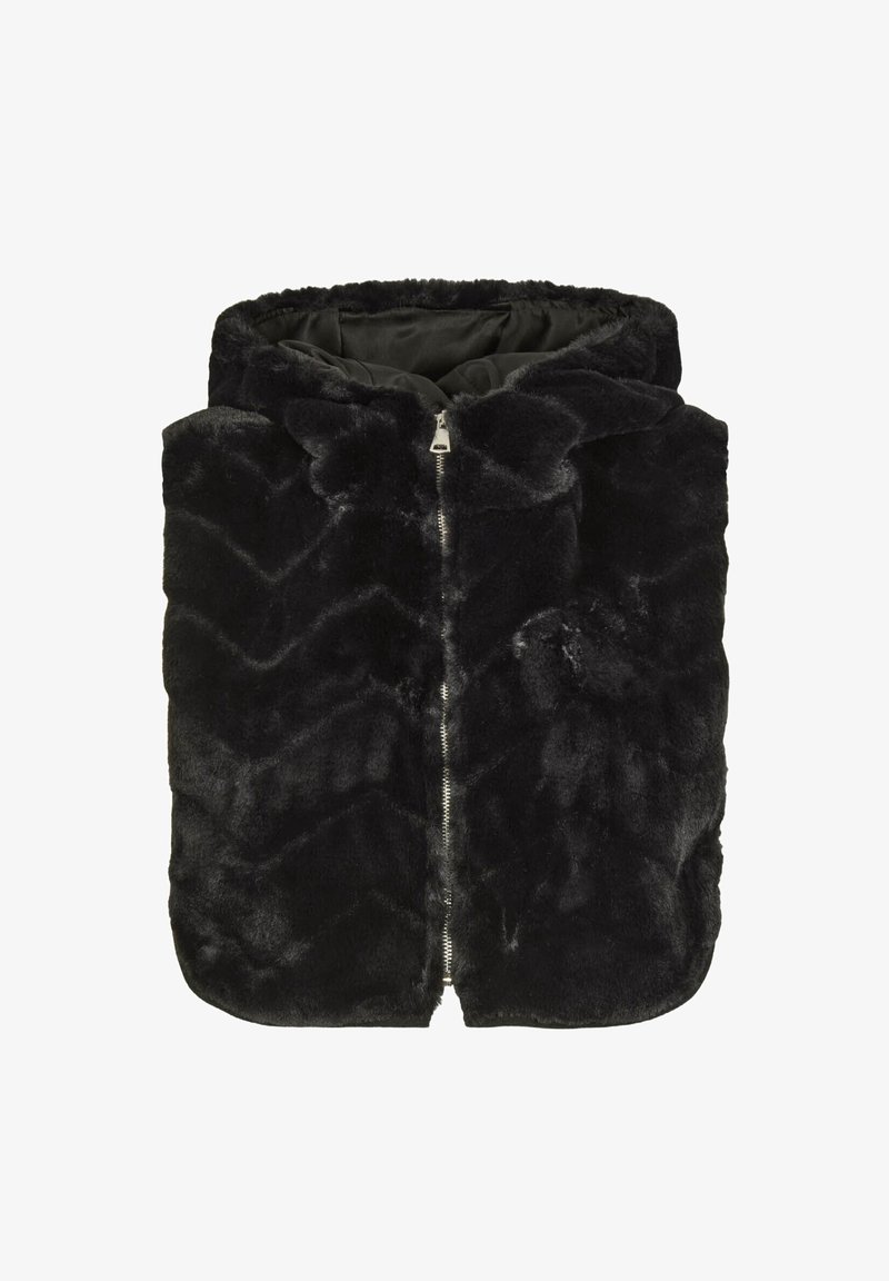 Gilet in pelliccia sintetica nera con cappuccio, presenta una chiusura a zip e un motivo a chevron. Texture morbida, silhouette oversize e senza hardware visibile.