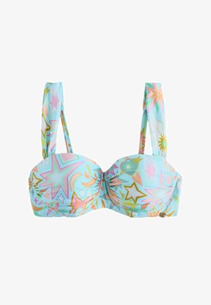 Hellblauer, gepolsterter Bikini-Oberteil mit breiten Trägern, verziert mit bunten Sternen, Monden und Herzformen in Pastellfarben.