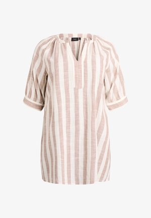 Blusa a righe con scollo a V, maniche corte a sbuffo, realizzata in tessuto leggero in tonalità beige morbido e rosa chiaro. Accentata da una texture sottile.