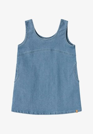 Robe sans manches en denim bleu clair avec encolure ronde, poches latérales et couture horizontale décorative sur la poitrine.