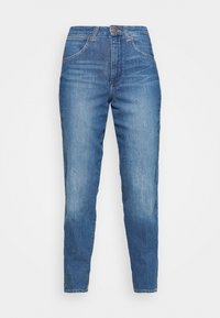 Džíny z modrého denimu s vysokým pasem a slim fit střihem. Obsahují pět kapes, zapínání na knoflík a mírné vyblednutí pro texturu. Klasický design.