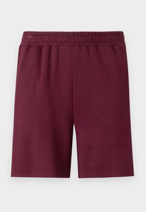 Mørkerøde knælange shorts med elastisk talje og sidelommer, lavet af tekstureret stof.