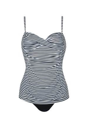 Gestreepte tankini zwemtop met verstelbare bandjes, voorzien van een sweetheart halslijn, gerimpelde zijkanten en een effen zwarte onderkant.
