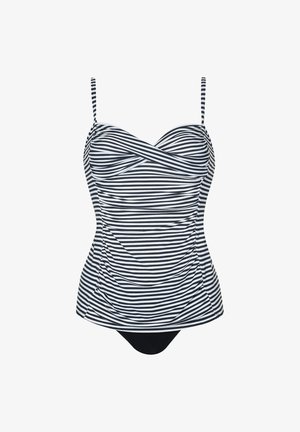 Gestreepte tankini zwemtop met verstelbare bandjes, voorzien van een sweetheart halslijn, gerimpelde zijkanten en een effen zwarte onderkant.