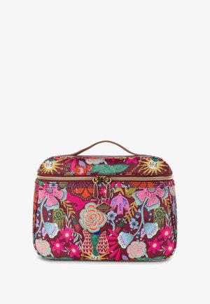 Tasje voor toiletartikelen met bloemenpatroon in bordeauxrood met een gouden rits. Voorzien van een handvat aan de bovenkant en levendige, multicolore ontwerpen van bloemen en dieren.