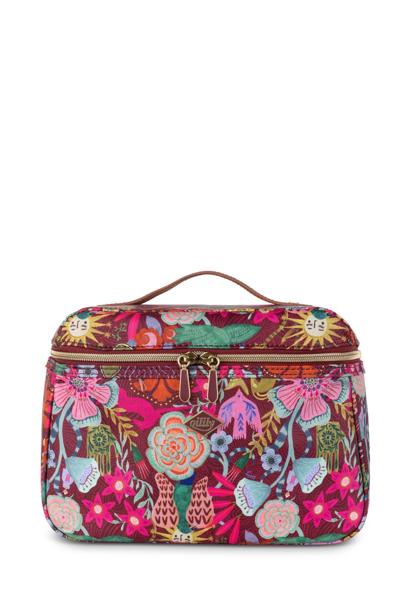 Tasje voor toiletartikelen met bloemenpatroon in bordeauxrood met een gouden rits. Voorzien van een handvat aan de bovenkant en levendige, multicolore ontwerpen van bloemen en dieren.