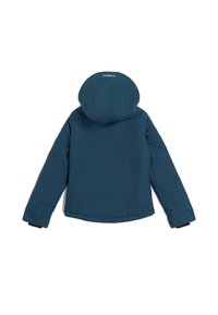 Veste à capuche teal avec une texture lisse, dotée de manches longues, d'une coupe droite et d'un logo au dos de la capuche.