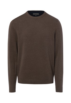 Pull marron uni à manches longues avec col ras du cou, poignets et ourlet côtelés, présenté sur fond blanc.