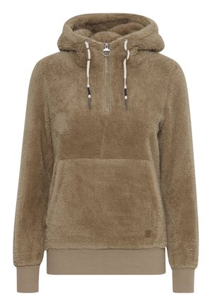 Brown fur-lined hoodie with a half-zip front, drawstring with metal accents, and ribbed cuffs and hem. Features a front pocket.