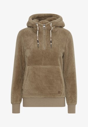 Smeđa dukserica s krznenom podstavom, s polu-zatvaračem sprijeda, vezicom s metalnim akcentima te rebrastim manžetama i donjim rubom. Ima prednji džep.