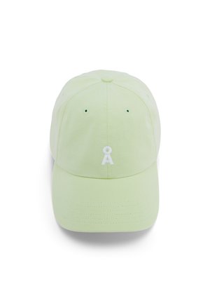 Helle grüne Baseballmütze mit einem weißen gestickten Logo, sechs Belüftungsöffnungen und einem gebogenen Schirm. Aus strukturiertem Stoff gefertigt.