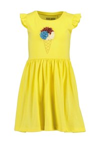 Gelbes Baumwollkleid mit kurzen, gerafften Ärmeln, das eine Grafik von einer Eistüte mit bunten Applikationen zeigt und einen ausgestellten Rock hat.