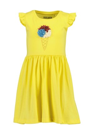 Gelbes Baumwollkleid mit kurzen, gerafften Ärmeln, das eine Grafik von einer Eistüte mit bunten Applikationen zeigt und einen ausgestellten Rock hat.