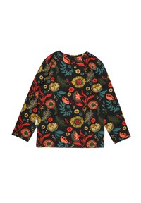 Langärmliges schwarzes Hemd mit einem mehrfarbigen Blumenmuster aus verschiedenen Blumen und Blättern. Weicher Stoff mit rundem Ausschnitt.