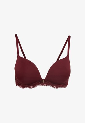 Burgunderroter gepolsterter BH mit verstellbaren Trägern, Spitzenbesatz am unteren Rand und einem kleinen dekorativen Akzent in der Mitte. Glatte Stoffstruktur.