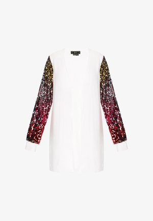 Cárdigan blanco con mangas largas adornado con lentejuelas en degradado de oro a rojo oscuro. Textura suave con un escote en V profundo y puños acanalados.