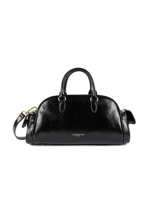 Borsa a tracolla in pelle nera con forma arrotondata, doppio manico superiore e tracolla staccabile. Presenta dettagli in metallo dorato e un logo di brand.