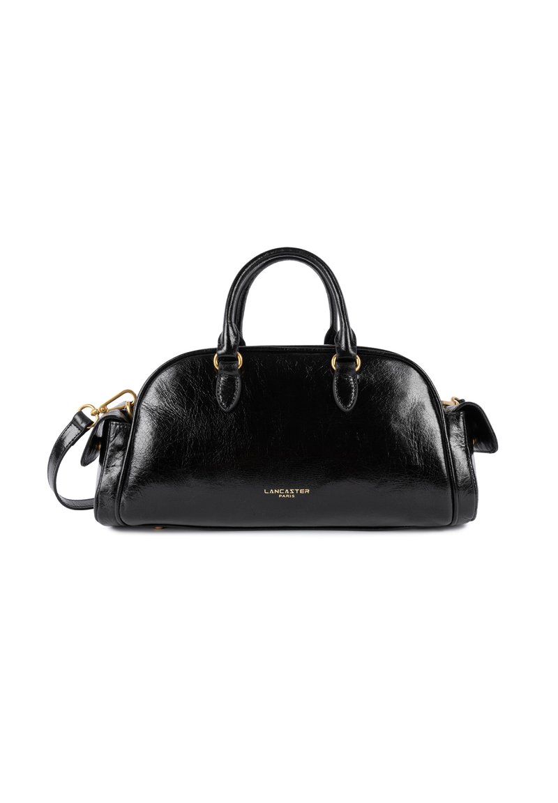 Borsa a tracolla in pelle nera con forma arrotondata, doppio manico superiore e tracolla staccabile. Presenta dettagli in metallo dorato e un logo di brand.