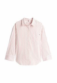 Camisa a rayas con mangas largas, cierre frontal con botones y un bolsillo en el pecho. Fabricada en una tela ligera con rayas blancas y rojas.
