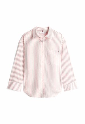Camicia a righe con maniche lunghe, chiusura con bottoni e tasca sul petto. Realizzata in tessuto leggero con righe bianche e rosse.