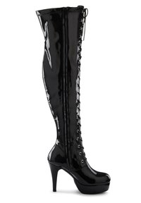 Black patent leather thigh-high boots with a pointed toe, lace-up front, and stiletto heel, featuring glossy finish and intricate stitching details.