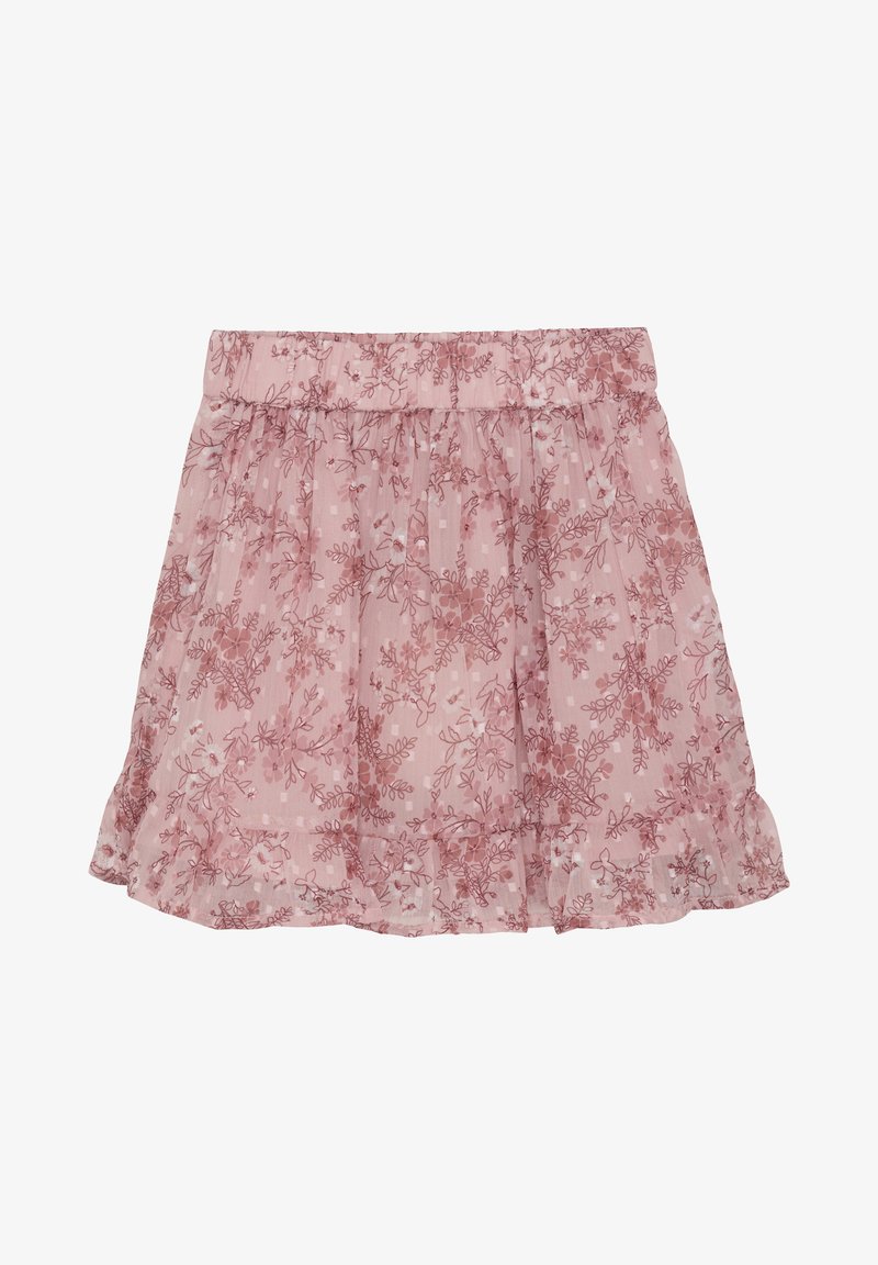 Jupe en tissu léger et transparent avec un motif floral rose. Elle présente un ourlet volanté et une taille élastique pour plus de confort.