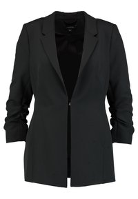 Schwarzer Blazer mit einem eleganten Design, der über einen Reverskragen und lange Ärmel verfügt. Hergestellt aus glattem Stoff, hat er eine einzelne Frontverschluss und einen taillierten Schnitt.
