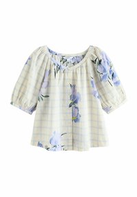 Blusa di un giallo chiaro con motivo a griglia blu, ornata da grandi stampe floreali viola. Maniche corte elasticizzate e chiusura frontale con bottoni.