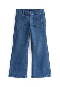 Wijde blauwe denimjeans met een sluiting aan de voorkant met knopen, twee achterzakken en een zachte textuur. Heeft een rechte snit en minimale stiksels.