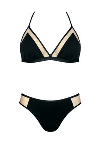 Czarny zestaw bikini z trójkątnym biustonoszem i pasującymi majtkami. Biustonosz ma beżowe akcenty i czarne ramiączka. Gładki materiał, minimalistyczny design.