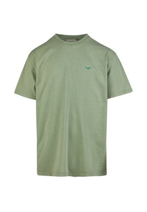 Kurzärmliges T-Shirt aus leicht grünem Baumwollstoff, mit Rundhalsausschnitt und einem kleinen blauen Vogel-Logo auf der linken Brust.