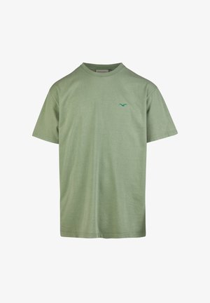 Kurzärmliges T-Shirt aus leicht grünem Baumwollstoff, mit Rundhalsausschnitt und einem kleinen blauen Vogel-Logo auf der linken Brust.
