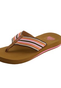Brown flip-flop with a striped fabric strap in pink, orange, and brown. Soft footbed with a pink accent on the sole's edge.