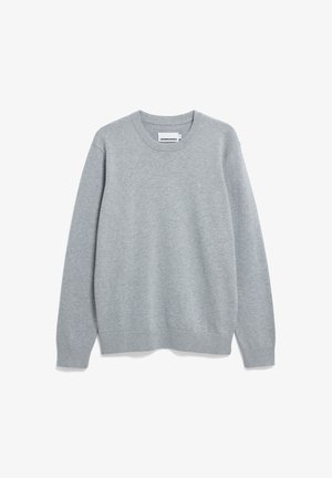 Hellgrauer Pullover mit langen Ärmeln, Rundhalsausschnitt, gerippten Bündchen und Saum, mit kleinem Logo auf der linken Brust. Weiches Material aus Baumwollmischung.