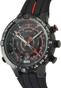 Black Timex analog watch with black bezel showing compass directions, tide, temperature, date, and red and white hands on black strap.