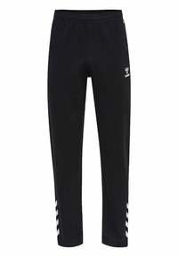Zwarte sportbroek met een elastische tailleband, voorzien van witte diagonale strepen op de onderbenen en een logo op de heup.