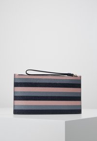 Striped clutch in pink, navy, and gray, featuring a smooth shiny texture, top zipper closure, and a detachable wrist strap.