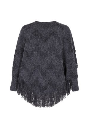 Suéter de flecos gris oscuro con un patrón de chevron texturizado, mangas anchas y un dobladillo redondeado. Material suave, de punto, con un ajuste ligeramente holgado.