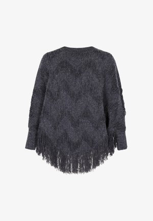 Pulover cu franjuri gri închis, cu un model texturat în formă de vârfuri, mâneci late și margine rotundă. Material moale, tricotat, cu o croială ușor lejeră.