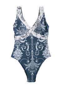 Yhden palan uimapuku, jossa on V-mallinen kaula-aukko, kukkakuosi tummansinisen ja valkoisen sävyissä, sileä venyvä kangas ja korkealuokkainen lahjeprofiili.