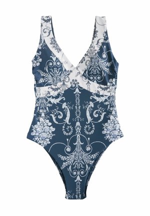 Enodelni bikini z V-izrezom, ki ima cvetni vzorec v mornarsko modri in beli barvi, gladko elastično tkanino in višje izrezane hlačnice.