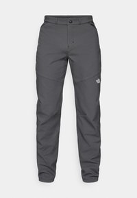 Grijze outdoorbroeken gemaakt van een duurzame stof, met een knoopsluiting, riemlussen en een logo dichtbij het onderbeen.