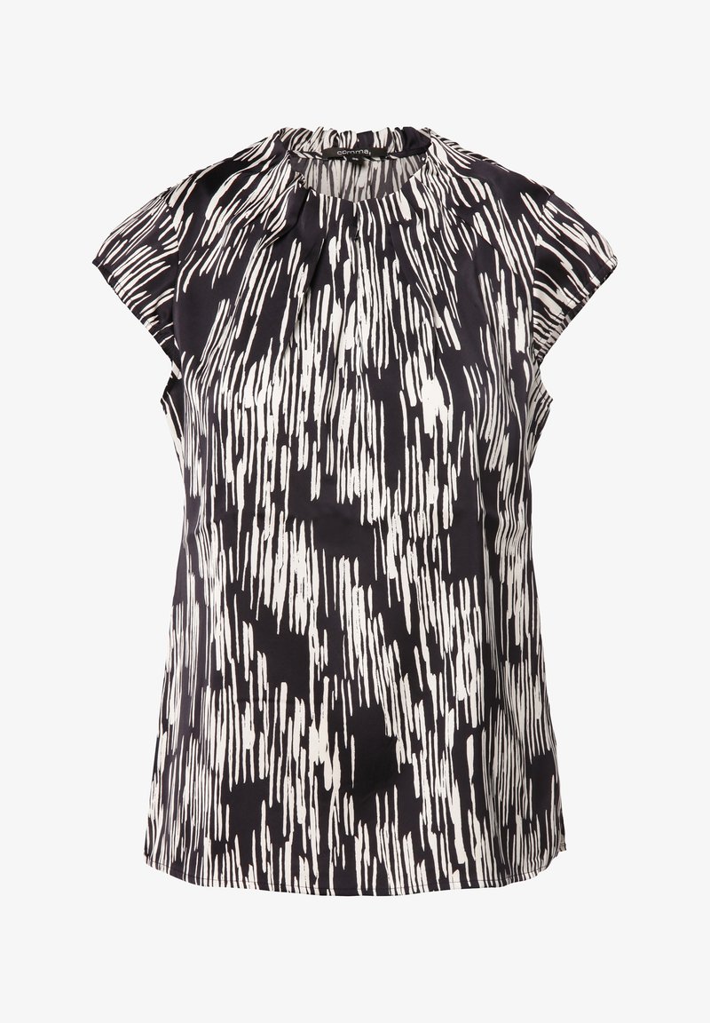 Schwarz-weißer Oberteil mit einem strukturierten Muster, das Pinselstriche ähnelt. Verfügt über einen runden Ausschnitt und kurze Ärmel im Cap-Style.