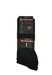 Schwarze professionelle Socken aus 100 % Baumwolle mit geripptem Design. Verpackt mit einem schwarzen Etikett, das Pflegehinweise enthält.