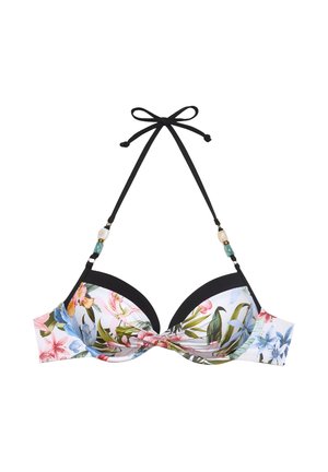 Top de bikini cu imprimeu floral, căptușit, cu tiv negru, legat la gât tip halter și mărgele decorative pe bretele, pe fundal alb.