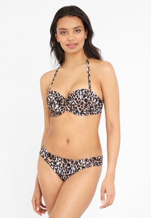 Bikini-Set mit Leopardenmuster, gepolstertem Oberteil und verstellbaren Trägern; die Unterteile verfügen über ein passendes Muster und sind für einen sicheren Sitz konzipiert.